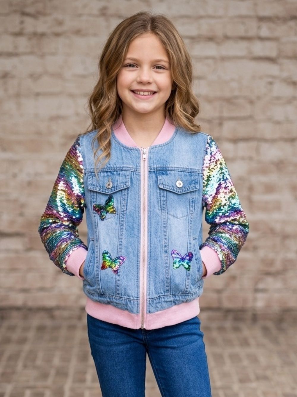 Take 50% OFF- Sequin-Sleeve Denim Bomber Jacket with Butterfly Accents, Sz-3XL